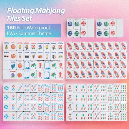 BOATWAY Mahjong Floating Tile Sets, 160 American Mahjong Tiles Waterproof EVA Foam Tiles with Storage Bag Dice & Rule Cards, Portable Pool Party Game for Adults, 1.4 Inch