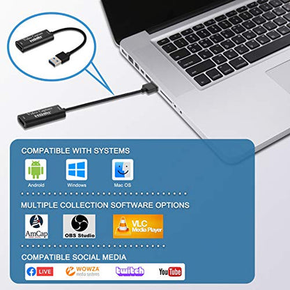 Capture Card,1080p Capture USB 3.0 Adapter,HDMI Video Capture Device, HD 4K Audio Video Capture Card for Gaming, Teaching, Streaming, Compatible with Windows 7 8 10 Linux YouTube OBS Twitch