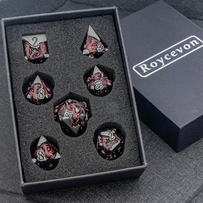 Roycevon Relief Dragon DND Dice Set for Role Playing Game, 7Pcs Metal D&D Dice Set Dungeons Dragons with Gift Box, Polyhedral D and D Dice D20 D12 D10 D8 D6 D4, Red and Black - color: Red