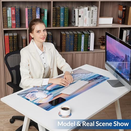 Desk Mat Set Keyboard and Mouse Pad with Wrist Rest Support | Ergonomic,Pain Relief, 4-in-1 Large Big Mousepad Computer Mats,Desk Pad Matt Mats for Desktop Home & Office - color: F-Blue Sunset Beach