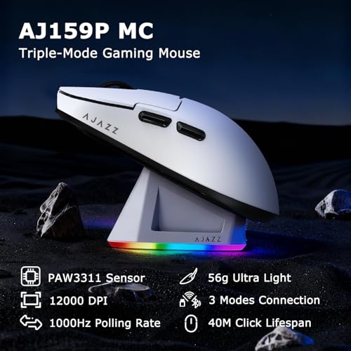 AJ159P MC Wireless Gaming Mouse, 12000 DPI, Tri-Mode 2.4G/Bluetooth/Wired, Magnetic RGB Charging Dock, 56g Ultra-Light, Programmable 6 Buttons - Perfect for Gaming, Work & Travel (White) - color: White