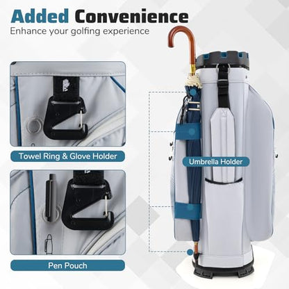 Goplus Lightweight Golf Cart Bag, Molded Lock Top Golf Club Bag w/14-Way Full Length Organizer Dividers, 11 Pockets, Cooler Bag, Straps, Umbrella Holder & Rain Hood for Men Women - color: Grey+Navy