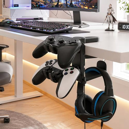 3 In 1 PC Gaming Headphone & Controller Stand Holder, Clamp On Headset Hanger with 360° Rotation Hook, Under Desk Cable Clip Organizer Earphone Storage Rack, Universal XBOX PS5 PS4 Switch Gift, Black