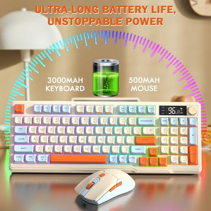 FREEWOLF T96 Smart Display Wireless Gaming Keyboard and Mouse Comb, 94Key LED Lighting Rechargeable Silent Membrane Keyboard with Knobs, 2000mAh Battery, 6-Button 4KDPI Mouse for Win/Mac(Blueberry) - color: Blueberry