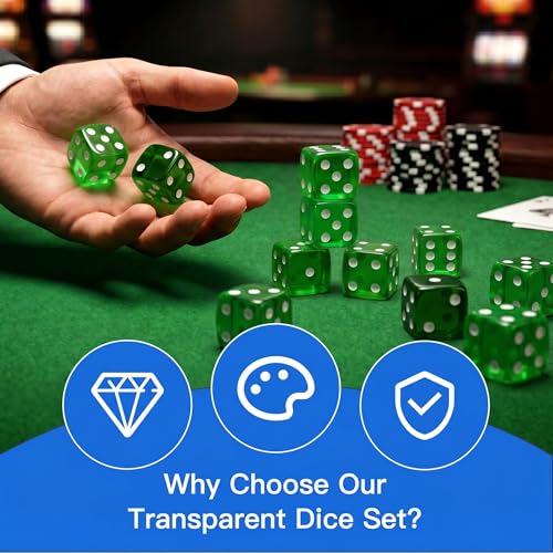 12 Piece 19 mm Casino Style Dice Set, Acrylic Translucent D6 Dice with Square Rounded Edge,Green for Craps, Table Games, Board Games, RPG, MTG, DND(Green) - color: Green