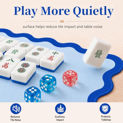 Complete Mahjong Mat Set, 32.4"x32.4" Blue Scalloped Edge Table Cover, Non-Slip & Noise Reduction Gaming Mat with Carrying Bag, Rules, Chips, Wind Marker for Poker & Board Games - color: Blue-set
