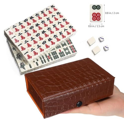 Portable Mini Chinese Mahjong Set with 146 Melamine Tiles Compact Brown Carrying Case for Camping, Family Game Night Camping, Beach & Halloween Christmas Easter Party