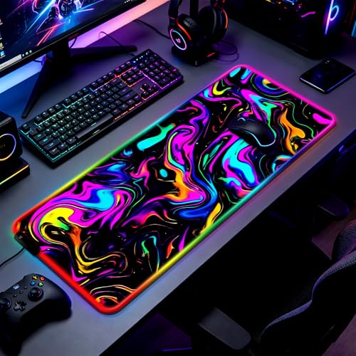RGB Abstract Colorful Marble Swirl Fluid Gaming Desk Mat, Computer Keyboard Large Extended Long LED Mouse Pad for Office and Home, XL (W22) - color: Rgb-w22