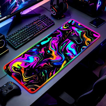 RGB Abstract Colorful Marble Swirl Fluid Gaming Desk Mat, Computer Keyboard Large Extended Long LED Mouse Pad for Office and Home, XL (W22) - color: Rgb-w22
