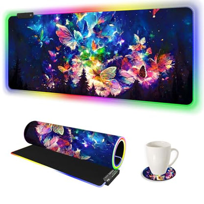 AIMSA RGB LED Gaming Mouse Pad, 14 Modes Glow Pad, Extra Large Gaming Mousepad, 35.4 x 15.8 inch Extended Big Waterproof Keyboard Mouse Pad Mat, Colorful Abstract Butterfly - color: Colorful Abstract Butterfly