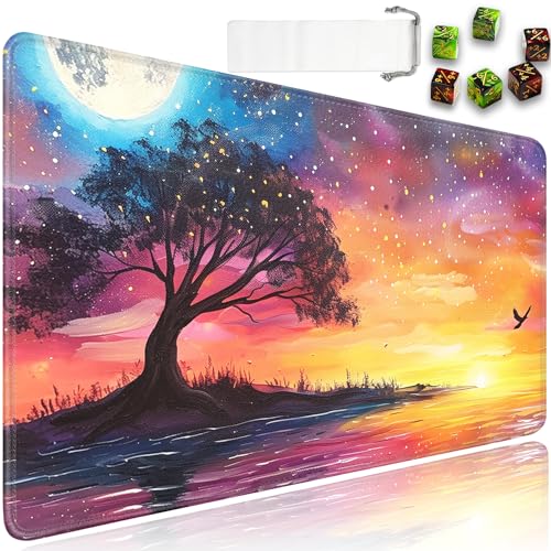 for MTG Playmat + Drawstring Travel Pouch + 6 Dice Counter, for Trading Card Game Playmats or Mouse Pad, Anti-Slip Rubber 24 x 14 in, Moon, Trees, Landscape for TCG Playmat - color: JV-Playmat-5-1-A11