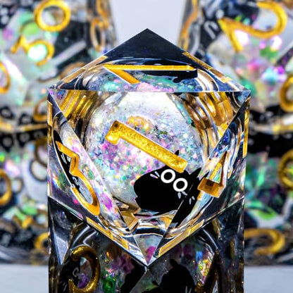 Roycevon Resin DND Dice Set with Gift Box, 7Pcs Liquid Core Cat D&D Dice, Cute Dungeons Dragons D and D Dice, Sharp Edge Role Playing Game Dice D20 D12 D10 D8 D6 D4, Rainbow Gold - color: Rainbow White - 2