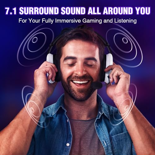 WolfLawS TA82 Wireless Gaming Headset with Detachable Noise Canceling Microphone for PS5 PS4 PC, 2.4GHz USB Gamer Headphones with 7.1 Surround Sound, Memory Foam Ear Pads - White