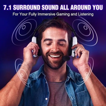 WolfLawS TA82 Wireless Gaming Headset with Detachable Noise Canceling Microphone for PS5 PS4 PC, 2.4GHz USB Gamer Headphones with 7.1 Surround Sound, Memory Foam Ear Pads - White