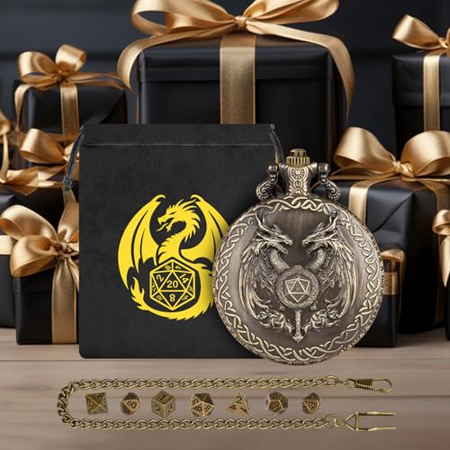 Mini DND Dice Set with Wand and Double Dragon Head Pocket Watch Shell Case, DND Starter Set, 7pcs Polyhedral Mini Metal Dice Set, D&D Gifts with Gift Bag, Role Playing Board Game Accessories, Bronze - color: Bronze