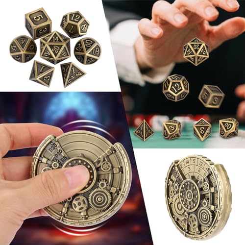 7-in-1 Gear Fingertip Gyro + 7pcs Polyhedral Metal DND Dice Set, Metal Dice Set, DND Starter Set, D&D Gifts with Dragon Logo Gift Box, Tabletop Games, Role Playing Board Game Accessories, Bronze - color: Bronze