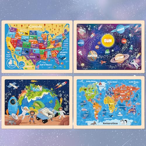 Puzzles for Kids Ages 4-6, 4 Packs 24 Pcs Wooden Jigsaw Puzzles for Toddlers Ages 2-4, Preschool Educational Map Puzzle Toys Gifts for 3 4 5 6 Boys Girls - style: Solar System
