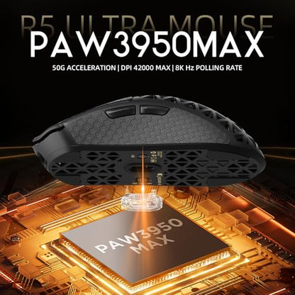 ATTACK SHARK R5Ultra 8K Carbon Fiber Wireless Gaming Mouse, Black&Tape | 42K DPI,PAW3950 MAX Sensor,39g Ultra-Lightweight,Nordic 52840 MCU Chip,Wired/BT/2.4GHz Wireless Programmable Mouse for PC/Mac - color: Black&Griptape