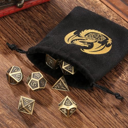 Metal Dice Set, 7pcs Polyhedral Metal DND Dice Set, DND Starter Set, D&D Gifts with Gift Bag, Role Playing Board Games Accessories, Bronze - color: Bronze + Gift Bag