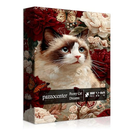 Cat Puzzles for Adults 1000 Pieces, Flower Animal Jigsaw Puzzles Kitten Butterfly, Floral Kitty Puzzle, Difficult Flower Cat Puzzle as Home Decor - style: Peony Cat Dreams puzzle