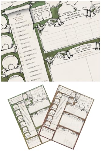 DND Character Sheets with Hand Drawn Artwork. Wet Erase Plastic Sheets Compatible with Dungeons and Dragons 5e & 2024 Player’s Handbook. Set of 2 (Green & Brown). - style: 2 pack