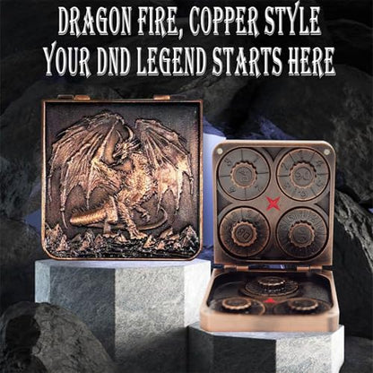 Metal DND Dice Set 7-in-1 D4-D20 3D Dragon Case Leather Bag Copper | 7 in 1 metal polyhedral dice. D4-D20 dnd spinner. 3D dragon case. Leather storage bag. Zinc alloy. DND RPG TTRPG gift. - color: Ancient Coper