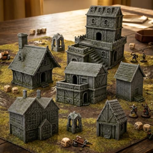 HAUTICO Tabletop Miniature Little Town Building Terrains for RPG War Games - 18mm Scale Scenery with Medieval Style, Dioramas Building Set, Paintable