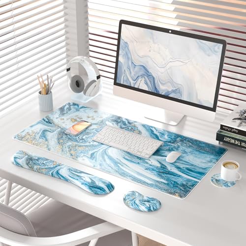 QIYI PU Leather Desk Mat Set, 4-in-1 Ergonomic Wrist Rest, Blue Marble | Waterproof Large Mouse Pad 31.5×15.7 + Keyboard Wrist Rest + Mouse Wrist Support+Coaster, Non-Slip Office Gaming Accessories - color: Blue Marble