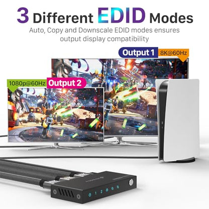 Fosmon 8K HDMI Splitter 1 in 2 Out, 1x2 4K@120Hz HDMI 2.1 Splitter for Dual Monitor Screen Duplication, Support EDID Control (Copy/Auto/Downscaler), LPCM, DTS, Dolby Digital, HDCP2.3, CEC, HDR10