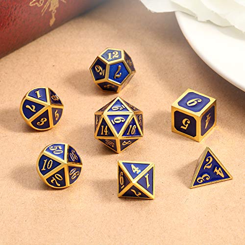 DnDnD Heavy Polyhedral Metal Dice Set with Metal Box, 7-die Shiny Blue Surface with Golden Number for RPG,Dungeons and Dragons,Pathfinder,Shadowrun,D&D,Role Palying Game and Math Teaching - color: Blue With Gold