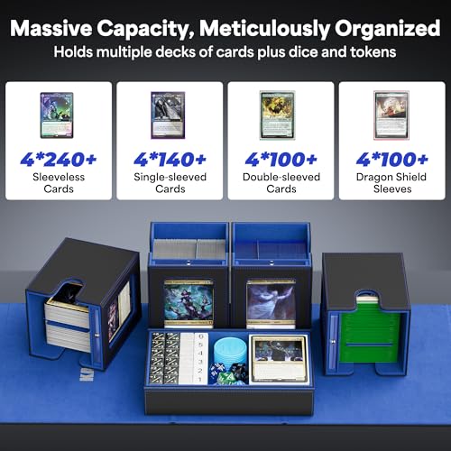 Kabinka Commander Deck Box for MTG with Handle, Multi Deck Case | with Large Dice Tray Fits 400+ Double-Sleeved Cards, 5 IN 1 TCG Card Storage Box, 35PT Card Holders (Black Blue) - color: Black Blue