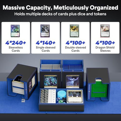 Kabinka Commander Deck Box for MTG with Handle, Multi Deck Case | with Large Dice Tray Fits 400+ Double-Sleeved Cards, 5 IN 1 TCG Card Storage Box, 35PT Card Holders (Black Blue) - color: Black Blue