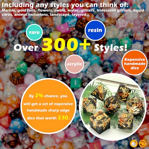 Haxtec Mystery DND Dice Set 7pcs Polyhedral Dice + 3 Funny Waterproof Stickers, Mystery Dice for Dungeons & Dragons, Chance Win Rare Sharp Edge, Great DND Gift, No Duplicates in 2/5 Packs - style: Classic
