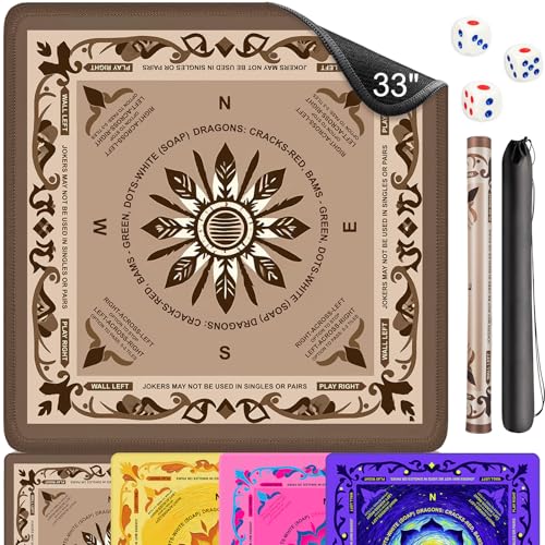 Neoprene Mahjong Mat with Rules, 33 x 33 in, Non-Slip, Brown | Noise-reducing table mat with carrying bag and 3 dice; for poker, cards, board games, tile games and dominoes - color: 33" Brown, size: 33"