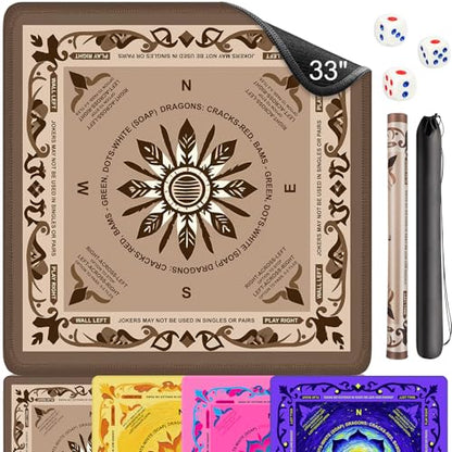 Neoprene Mahjong Mat with Rules, 33 x 33 in, Non-Slip, Brown | Noise-reducing table mat with carrying bag and 3 dice; for poker, cards, board games, tile games and dominoes - color: 33" Brown, size: 33"