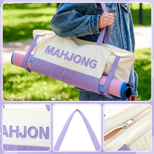 Abbylike 28x9 Inches Mahjong Bag for Rolled Mat Tiles Racks Pushers Accessories Empty Mahjong Tote Bag with Zipper Closure Outer Pockets Lining Large Capacity(Beige&Purple,Canvas) - color: Beige&purple