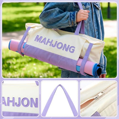 Abbylike 28x9 Inches Mahjong Bag for Rolled Mat Tiles Racks Pushers Accessories Empty Mahjong Tote Bag with Zipper Closure Outer Pockets Lining Large Capacity(Beige&Purple,Canvas) - color: Beige&purple