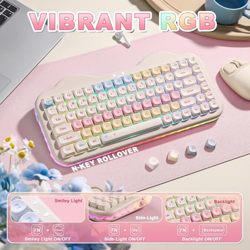 YUNZII C75 Wireless Mechanical Keyboard,75% Layout, Hot-Swappable NKRO,BT5.0/2.4G/USB-C Mode,Dye-Sub PBT MOA Keycaps,RGB Gasket Mount,Cute Cake Design for Mac/Win/Gaming (Beige, Candy Switch) - color: Beige, size: Candy Switch