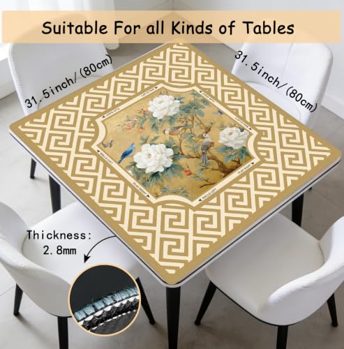 Yellow Chinoiserie Floral Bird Mahjong Mat 31.5 x 31.5 Inch, Traditional Chinese Print Peony Non-Slip Noise Reduction Mahjong Table Mat for American Mah Jong Poker Card Board Games Dominoes - color: Yellow Chinoiserie
