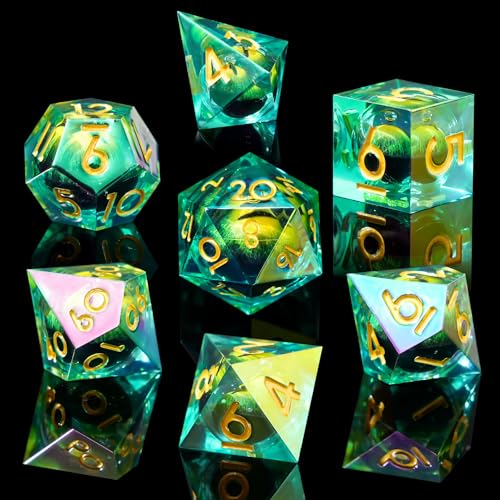 Laser Liquid Core DND Dargon Eye Dice Set for Dungeons and Dragons, Beholders Rainbow Dice with Iridescent Iconic Coating,Resin Sharp Edge for RPG, MTG Table Games（Green Eye） - color: Rainbow-dargon Green Eye