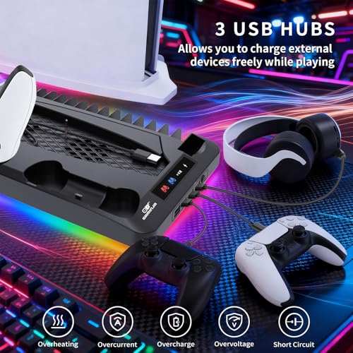 Cooling Station for Ps5/Slim/Pro Disc & Digital Playstation 5 Vertical Stand Organizer with Dual Controller Charger,16 Game Slots,7 Rgb,3 Level Cooler Fan,3 Usb Ports,Headset & Remote Holder (Black) - color: Black