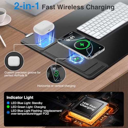 Wireless Charging Mouse Pad with Foldable Phone Holder, 31.5"x15.8", Black | Large Desk Mat for Laptop/Keyboard, Waterproof Ultra-Smooth Surface, Non-Slip Base - color: Black-Phone Holder-31.5"x15.8"