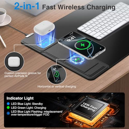 Wireless Charging Mouse Pad with Foldable Phone Holder, 31.5"x15.8", Black | Extended Desk Mat for Laptop/Keyboard, Waterproof Ultra-Smooth Surface, Non-Slip Base & 20W PD Adapter - color: Black-Phone Holder-31.5"x15.8"(with Wall Charger)