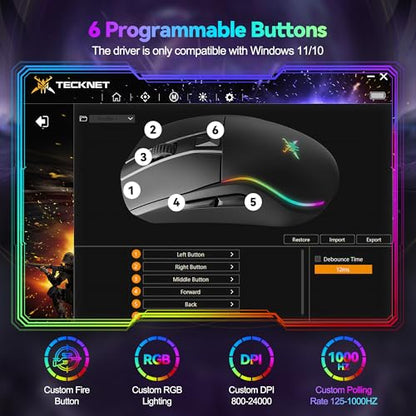 TECKNET Wireless Gaming Mouse,Tri-Mode 24000 DPI Ergonomic Gaming Mouse | 1000Hz Polling Rate,RGB Backlit,6 Programmable Buttons,ergonomic plastic body,fits PC/Laptop/Mac,for gaming and office - color: Black