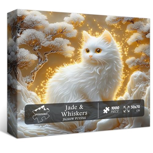 PICKFORU Cat 1000 Piece Puzzle for Adults, Jade Carving Cute Kitten Jigsaw Puzzles, Unique Art Animal as Wall Decor - style: Jade & Whiskers