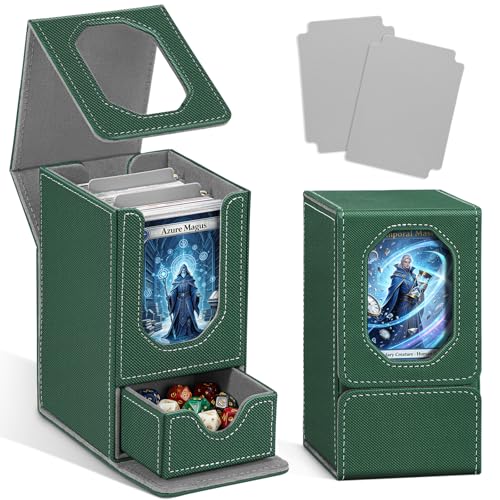 Card Deck Box for MTG Commander, Fits 100+ Double-Sleeved Cards Card Case | with Detachable Dice Tray, 2 Dividers, Removable lid, Trading Card Storage Box, Sturdy and Durable, Fits TCG/PTCG/Sports Card - color: Dark Green and Dark Gray