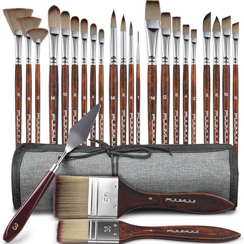 Fuumuui 25pcs Paint Brush Set, Professional 9 Shapes with Wide Flat, Filbert, Fan, Dagger, Cat Tongue, Round, Angle, Rigger for Acrylic Oil Watercolor | Includes Palette Knife & Waterproof Canvas Roll - color: Brown