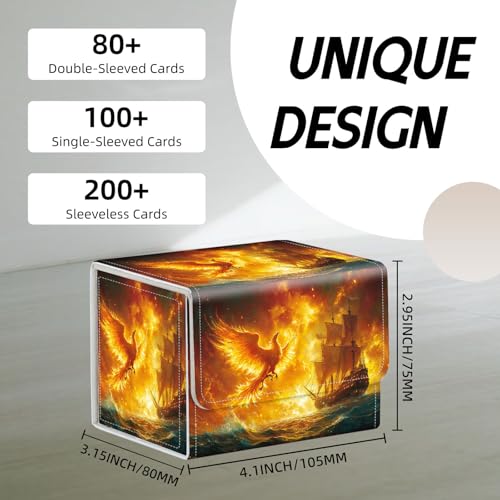 Trading Card Storage Box, Holds 100+ for MTG Cards, PU Leather with Magnetic Closure, Phoenix and Sailing Ship in Fiery Sky Durable Deck Box for Magic the Gathering, Trading Card Games - color: Phoenix and Sailing Ship in Fiery Sky