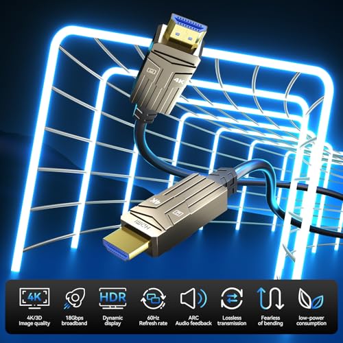 Soonsoonic Fiber Optic HDMI Cable 50ft,18Gbps 4K@60Hz(4:4:4) Unidirectional Active 2.0 Cord,Support HDR10 ARC HDCP 2.2 3D CEC Atmos DTS:X, Ultra high Speed Flexible and Slim（15m） - size: Fiber 50FT