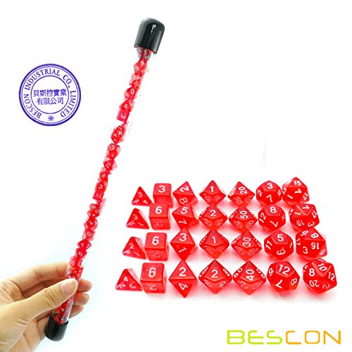 Bescon 28-Piece Translucent Red Mini Polyhedral Dice Set, 4 Complete 7-Die Sets, Ruby Color Resin Gaming Dice for Dungeons and Dragons, Includes Clear Storage Tube - color: 4x7 28pcs Gem Red Tube